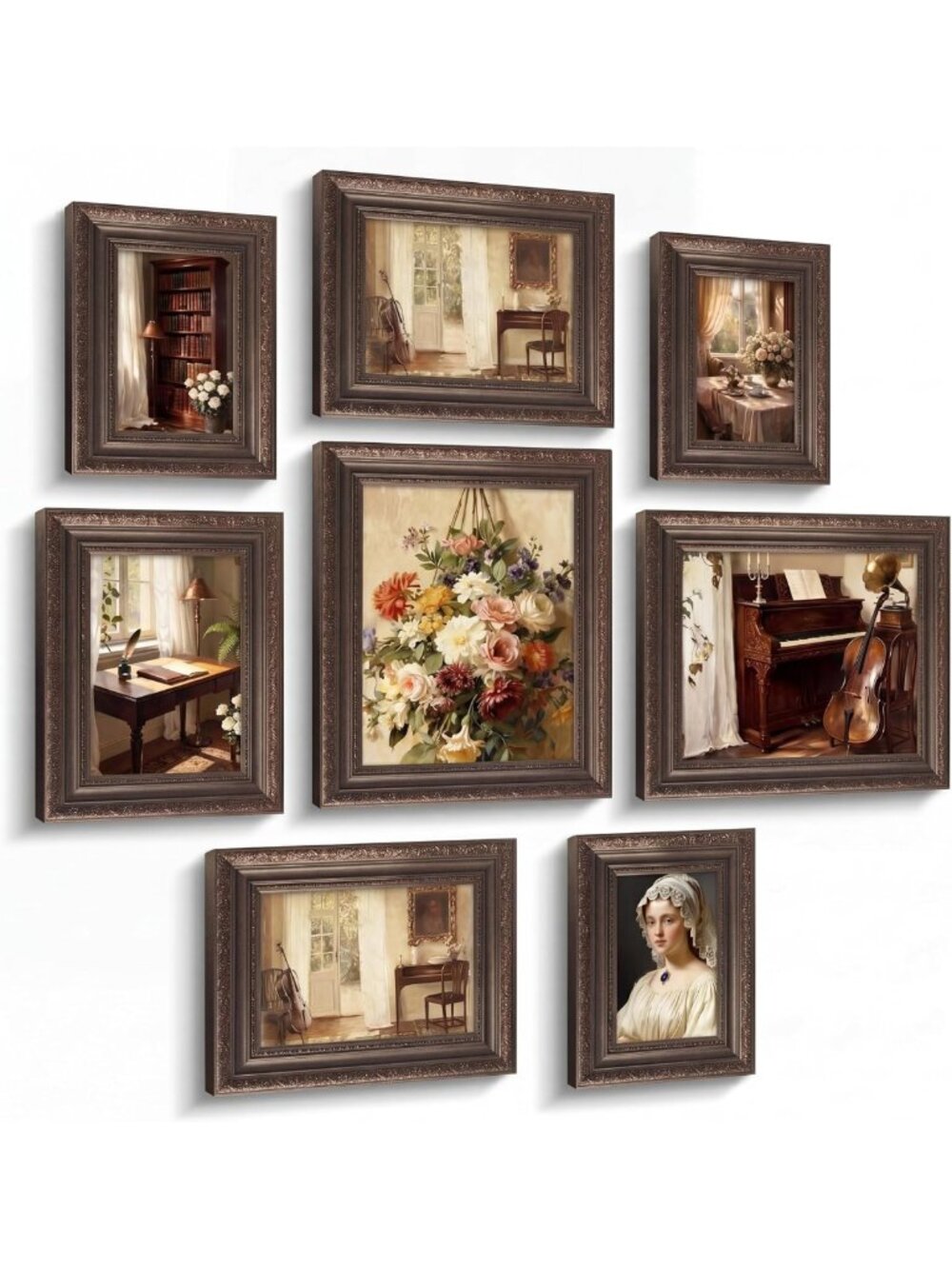 Vintage Dark Brown Picture Frames Set - 8 Pcs (8x10, 5x7, 4x6) Home Decor